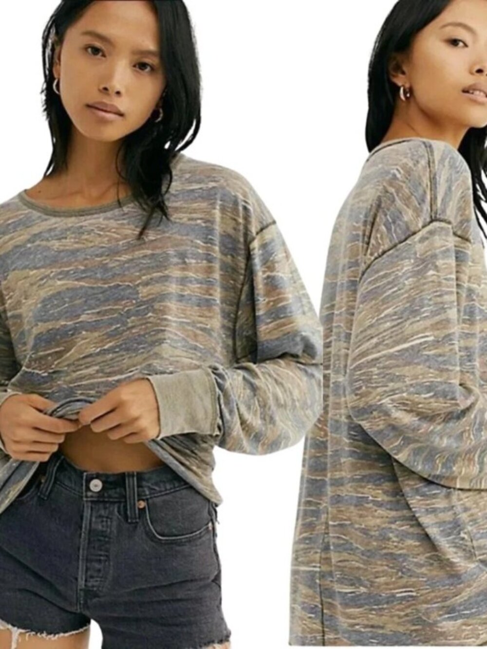 We the Free Arielle Printed Knit Camo Tiger Tee Shirt Long Sleeves Sz XS
